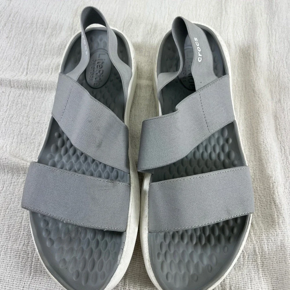 Crocs Women's Literide Grey Elastic‎ Strap Comfort Sandals sz 9 Vacation Beach